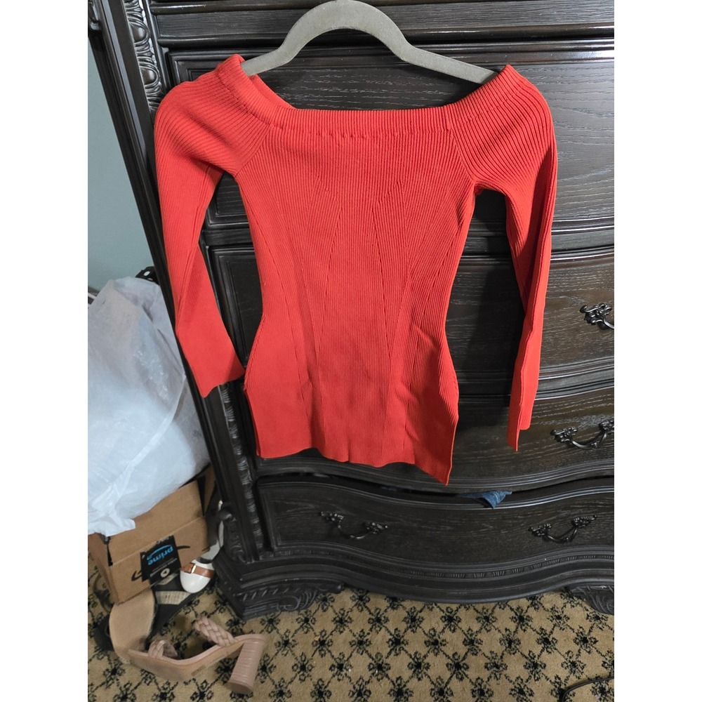 Veronica Beard Womens XS Orange Red Off The Shoulder Ribbed Knit Long Sleeve Top